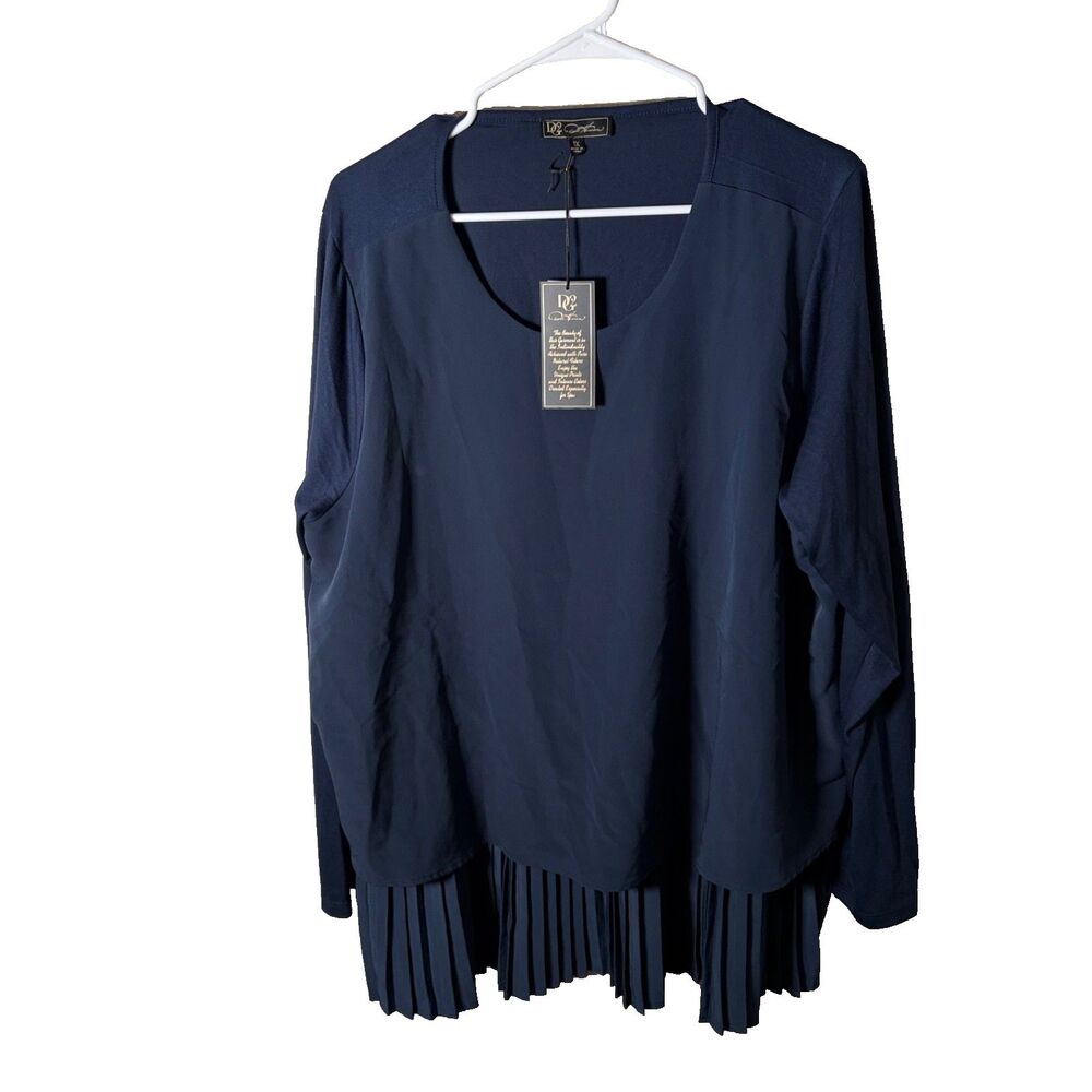DG2 Blouse Women's 1X Navy Blue Mixed Media Round Neck 3/4 Sleeve Pleated